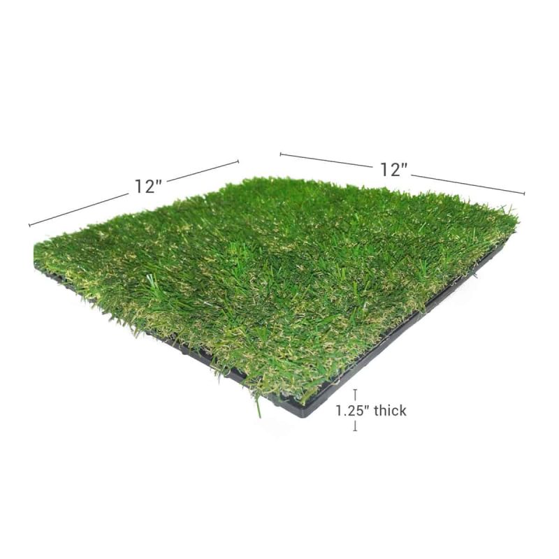 Artificial turf deck tile through shot showing deck tile dimensions